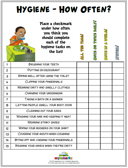 Hygiene Worksheets for Kids and Teens